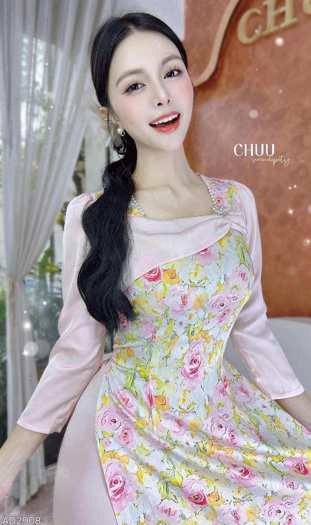 Áo Dài Trà Hoa Châu+PK AD2908 (áo lẻ)