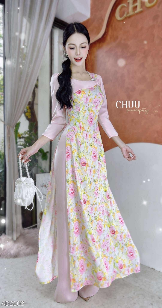 Áo Dài Trà Hoa Châu+PK AD2908 (áo lẻ)