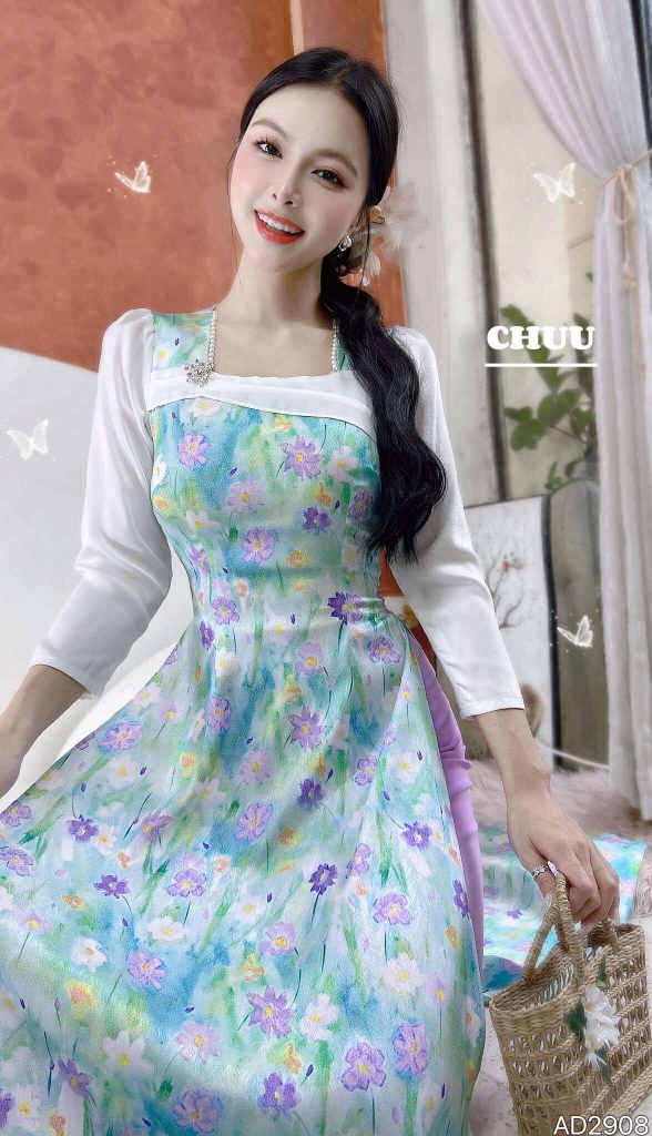 Áo Dài Trà Hoa Châu+PK AD2908 (áo lẻ)