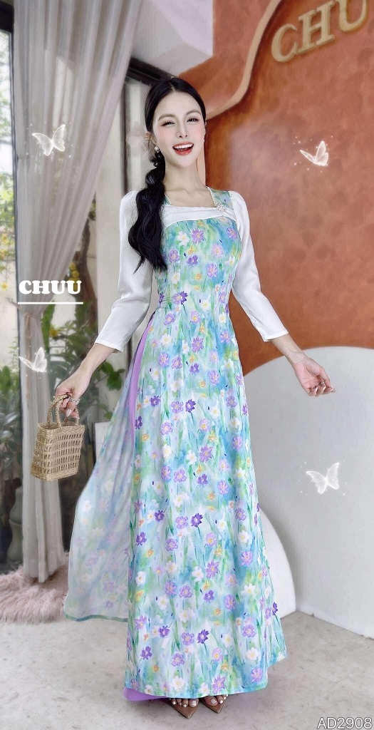 Áo Dài Trà Hoa Châu+PK AD2908 (áo lẻ)