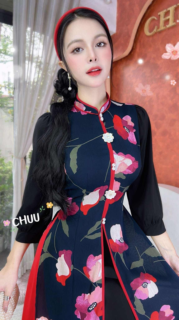 Áo Dài 4T Hoa Cẩm Đen AD2891 (áo lẻ)