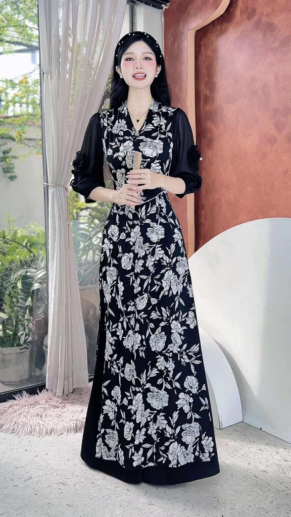 Áo Dài Eo Sa Tay Hoa AD2856 (áo lẻ)
