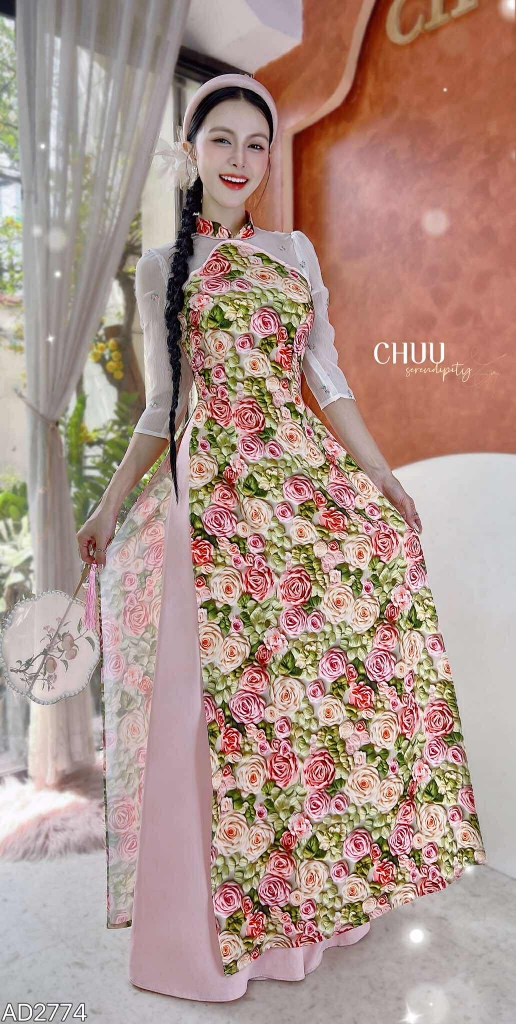 Áo Dài Hoa Ren In Rose+DT AD2774 (áo lẻ)