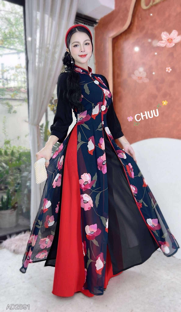 Áo Dài 4T Hoa Cẩm Đen AD2891 (áo lẻ)