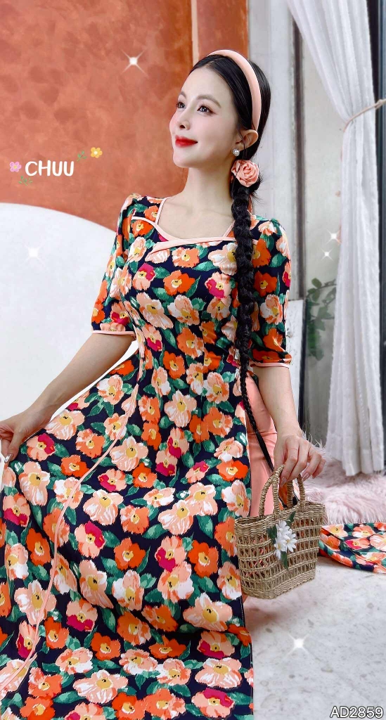 Áo Dài Cổ Vuông Mỹ Nữ+PK AD2859 (áo lẻ)