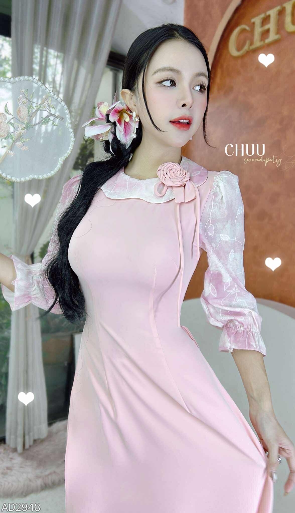 Áo Dài Bánh Quy Hoa Hồng+PK AD2948 (áo lẻ)
