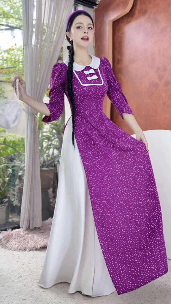 Áo Dài Cổ Sen 2 Nơ Lụa AD2937 (áo lẻ)