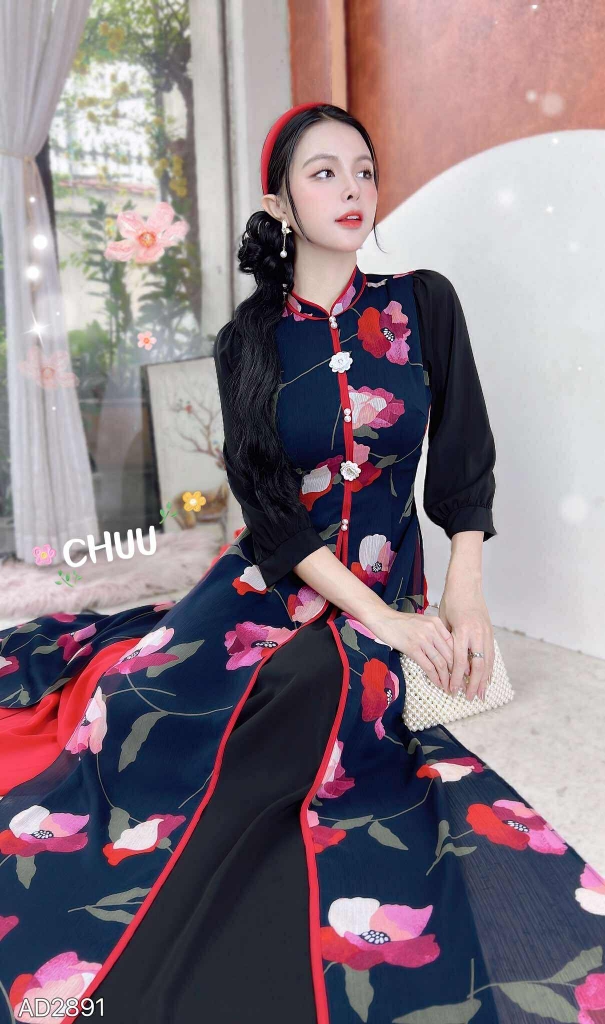 Áo Dài 4T Hoa Cẩm Đen AD2891 (áo lẻ)