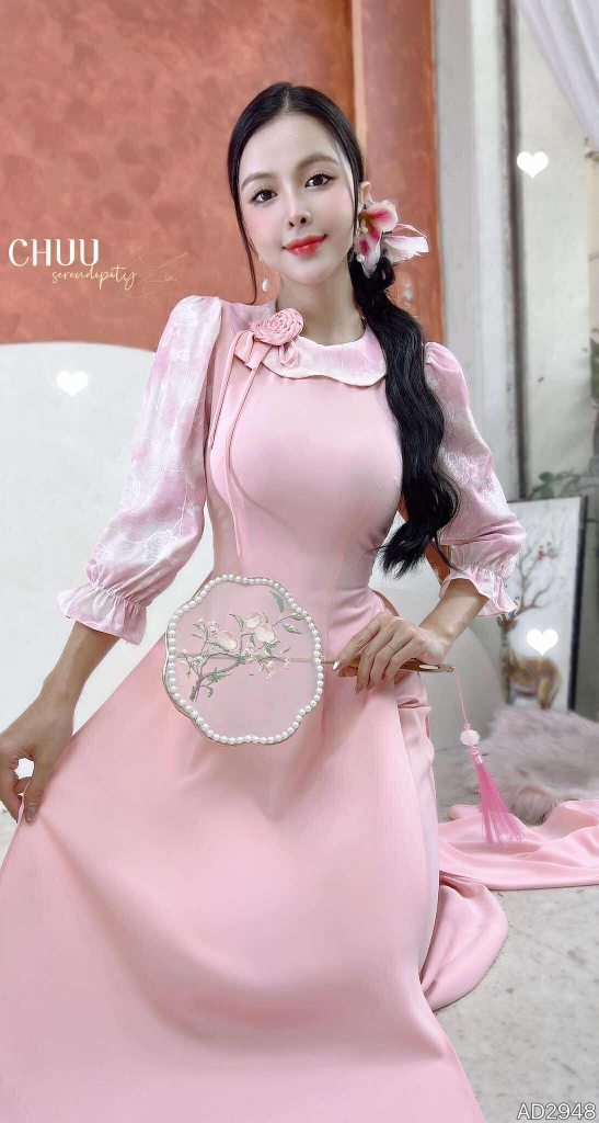 Áo Dài Bánh Quy Hoa Hồng+PK AD2948 (áo lẻ)