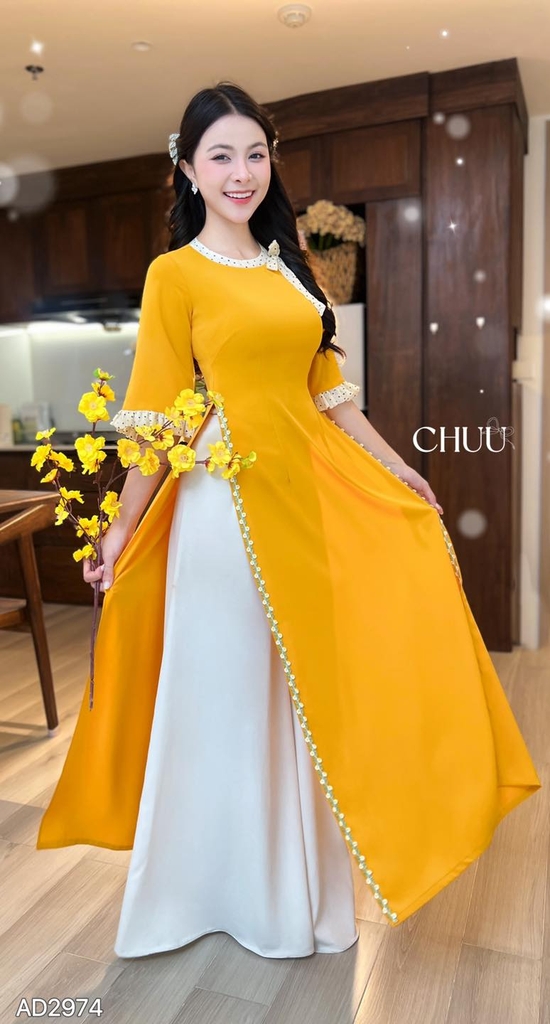 Áo Dài Nơ Viền Dây Ren Tay Nứt AD2974 (áo lẻ)
