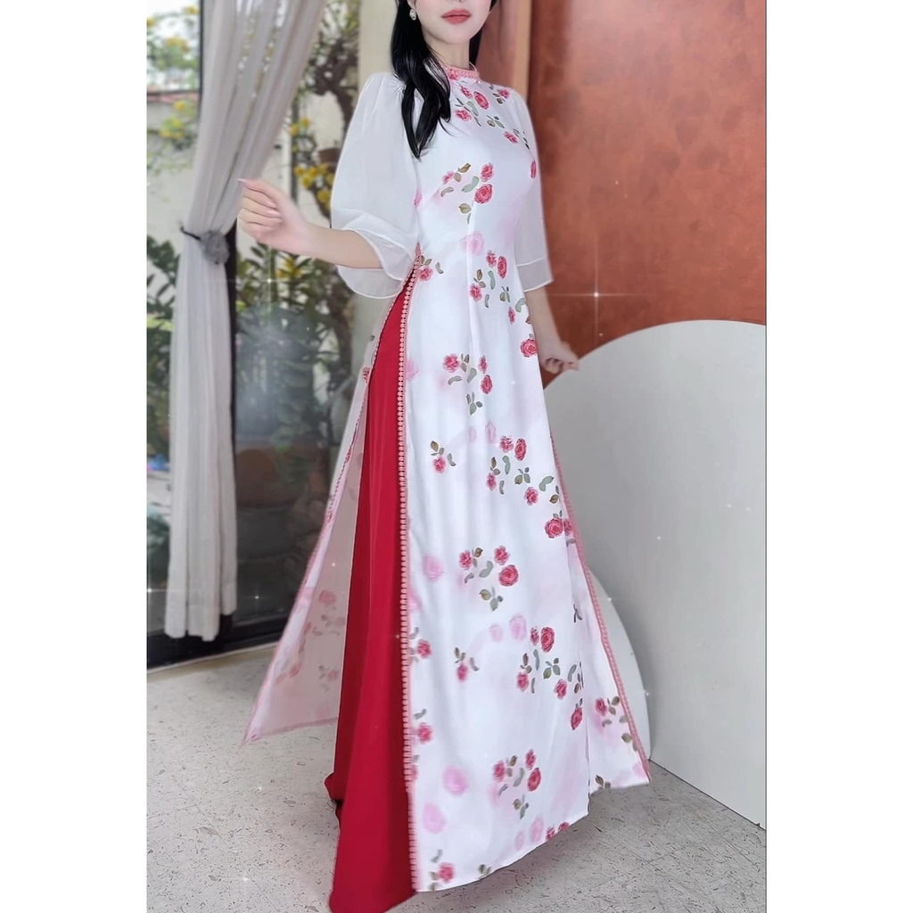 Áo Dài Viền Bi Ánh HÀo AD2775 (áo lẻ)