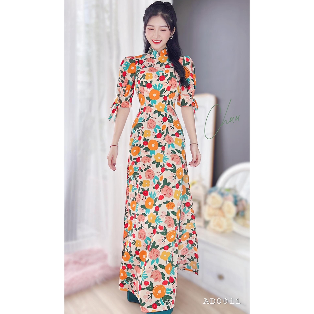 Áo Dài Hoa Mango Tay Nơ AD8011 (áo lẻ)