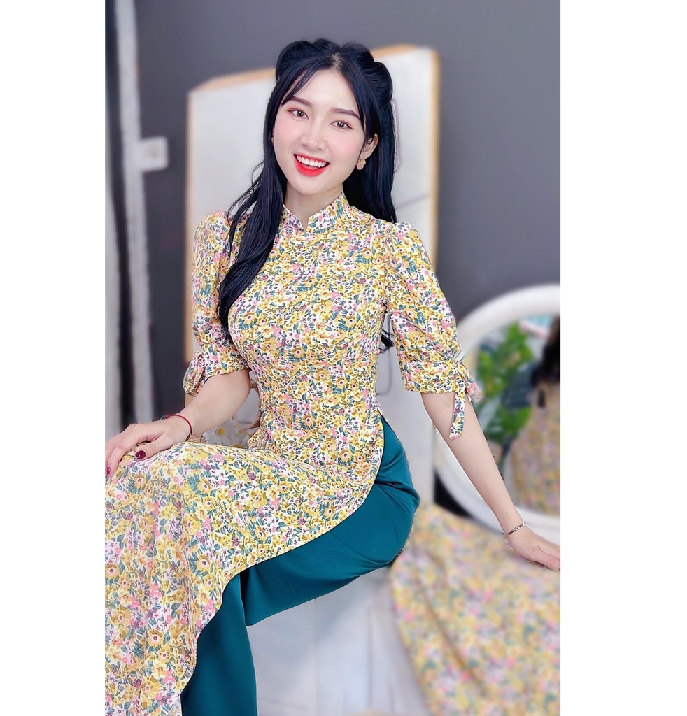 Áo Dài Hoa Mango Tay Nơ AD8011 (áo lẻ)