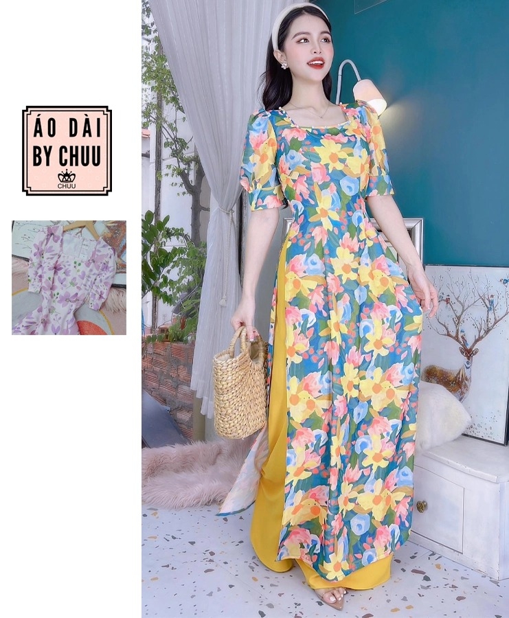 Áo Dài Hoa Cổ Vuông Màu Nước AD9223