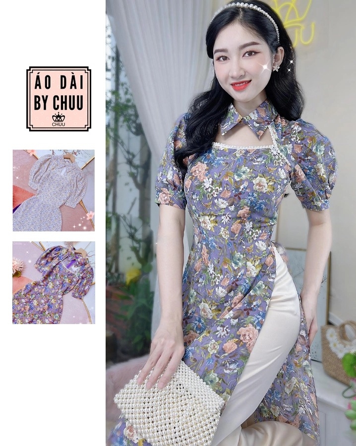 Áo Dài Hoa Cổ Sơmi AD8086 (áo lẻ)
