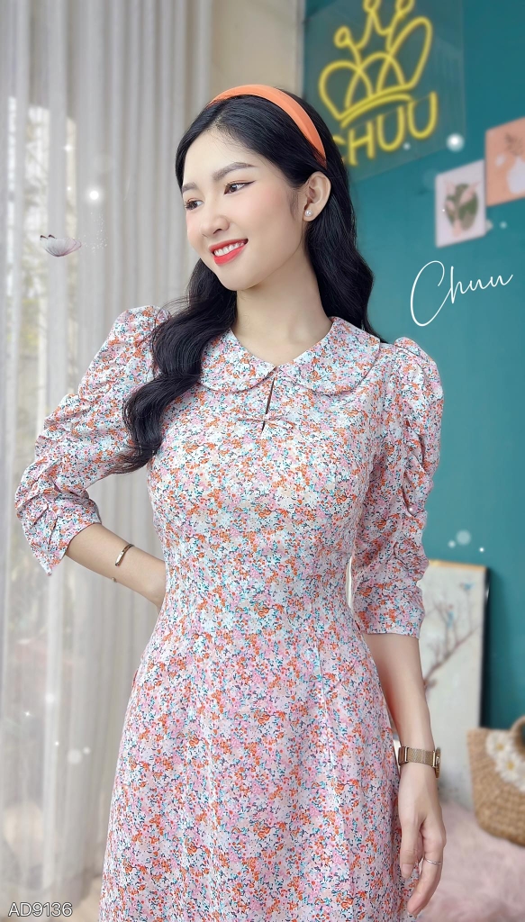 Áo Dài Cổ Sen Tay Nhún Xẻ AD9136 (áo lẻ)