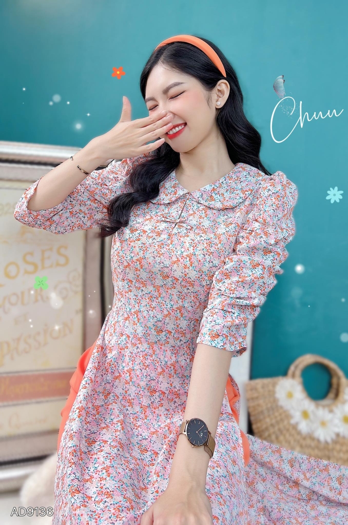 Áo Dài Cổ Sen Tay Nhún Xẻ AD9136 (áo lẻ)