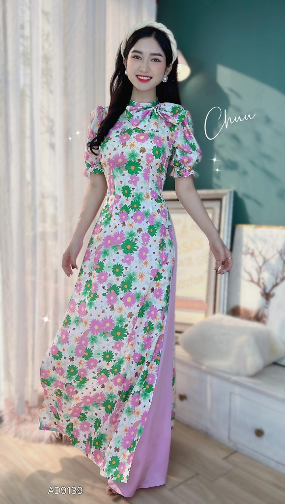 Áo Dài Cổ Trụ Nơ To AD9139 (áo lẻ)