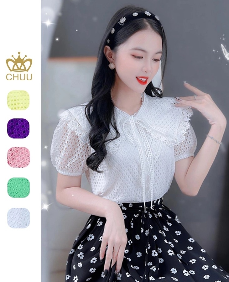 Set áo váy kiểu áo xếp ly vai và vây xoè phối nơ | AlvinStore.Vn