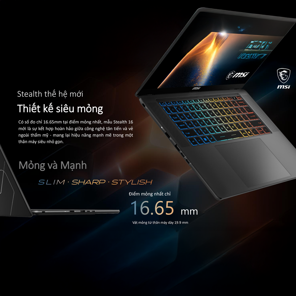 Laptop MSI Stealth 16 AI+ B3WF-008VN (Ultra 9 386H, RTX 5070 8GB, RAM 32GB DDR5, SSD 1TB, 16 inch QHD+ OLED 240Hz, Win 11 Home)