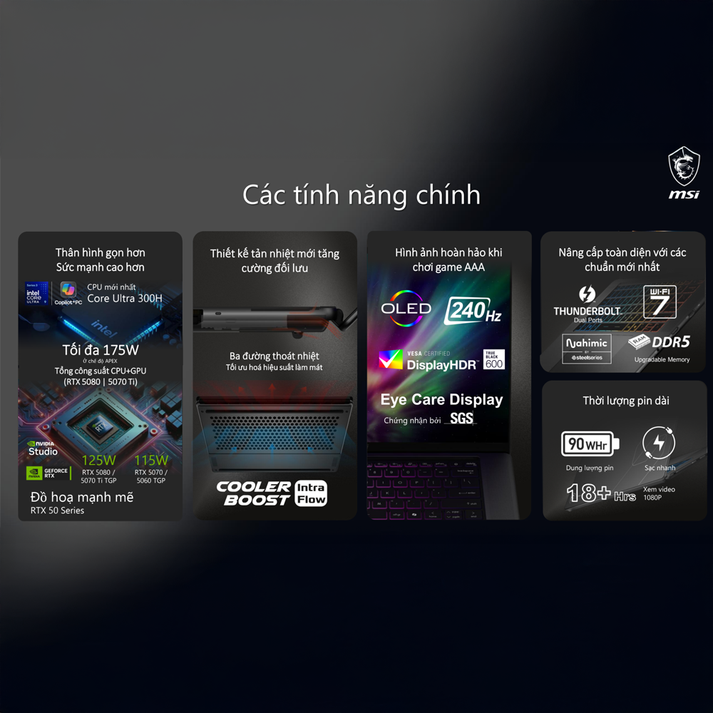 Laptop MSI Stealth 16 AI+ B3WF-007VN (Ultra 9 386H, RTX 5060 8GB, RAM 32GB DDR5, SSD 1TB, 16 inch QHD+ OLED 240Hz, Win 11 Home)