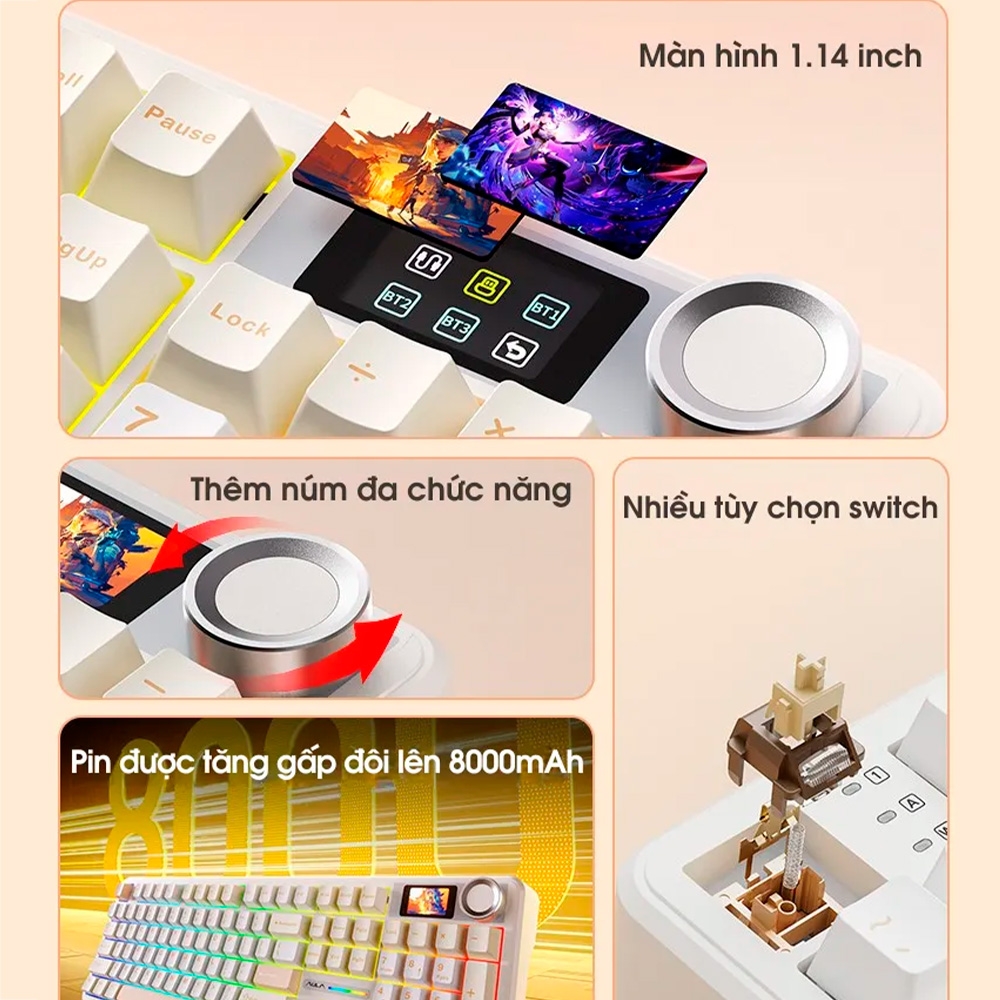 Bàn phím cơ không dây AULA F108 Pro White Blue LCD Screen RGB Hotswap (Leobog Sw)