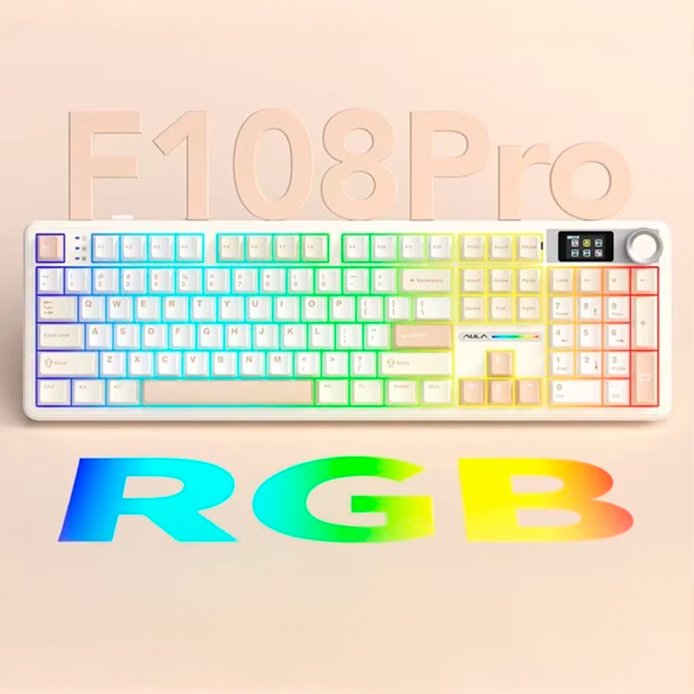 Bàn phím cơ không dây AULA F108 Pro White Blue LCD Screen RGB Hotswap (Leobog Sw)