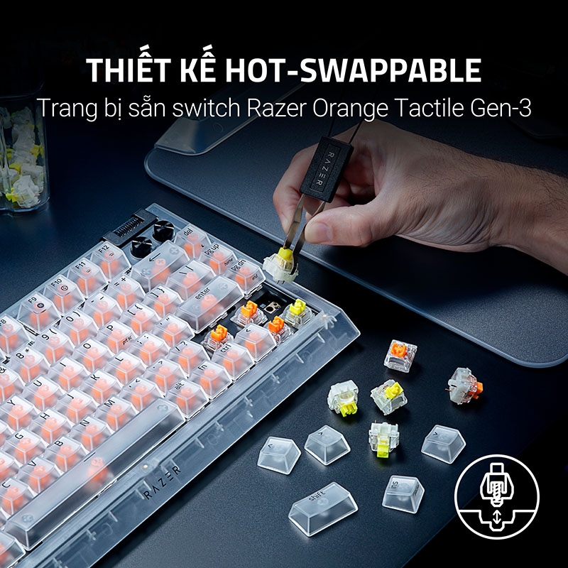 Bàn phím cơ Razer BlackWidow V4 75% Phantom White Edition RGB Hotswap Razer Switch Orange RZ03-05003500-R3M1