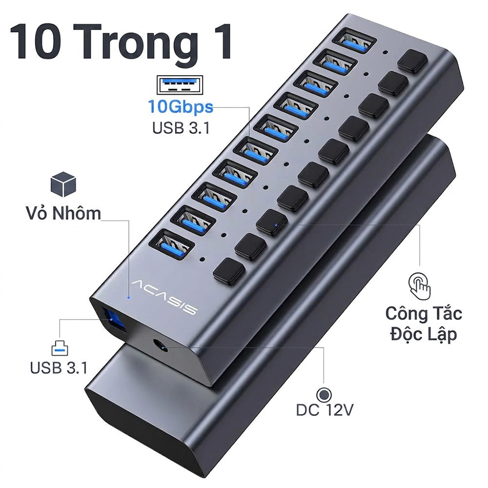 Bộ chia USB 10 cổng USB 3.2 ACASIS HS-710MG-10G