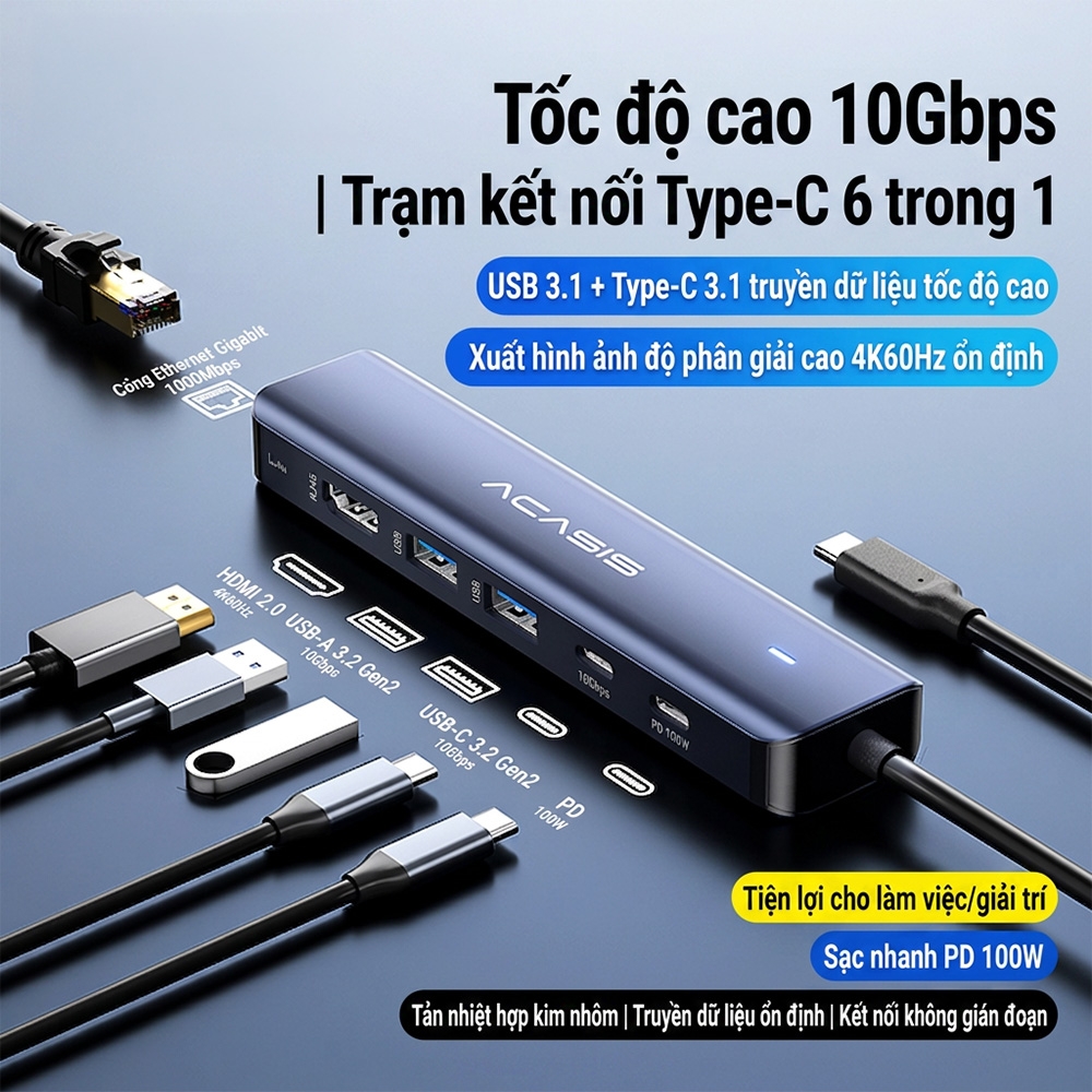 Bộ chia USB Type-C ra 6 cổng ACASIS DS-9901M1-LAN