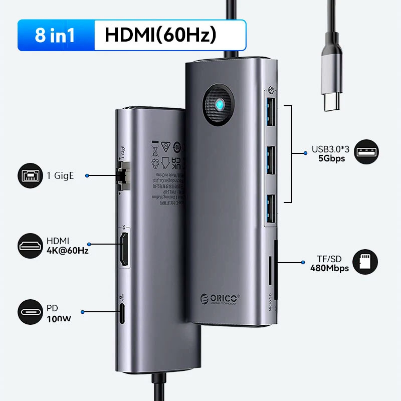 Bộ chia USB Type-C ra 8 cổng Orico PW11-8P-SV-EP