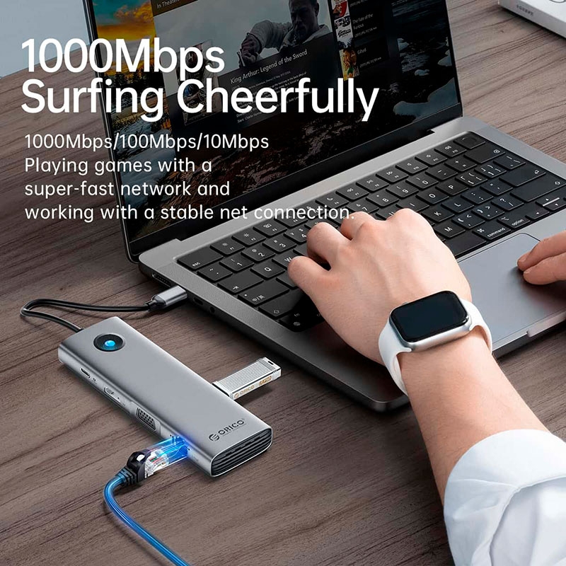 Bộ chia USB Type-C ra 8 cổng Orico PW11-8P-SV-EP