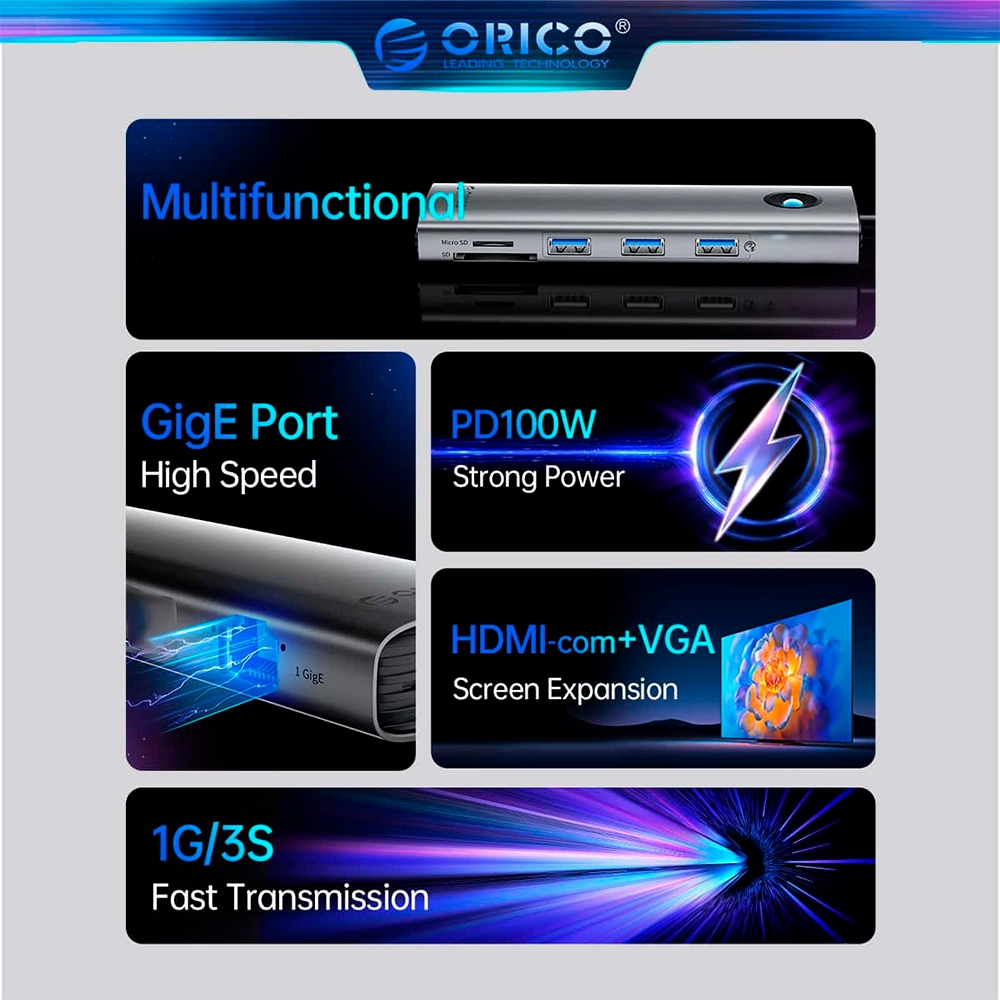 Bộ chia USB Type-C ra 8 cổng Orico PW11-8P-SV-EP