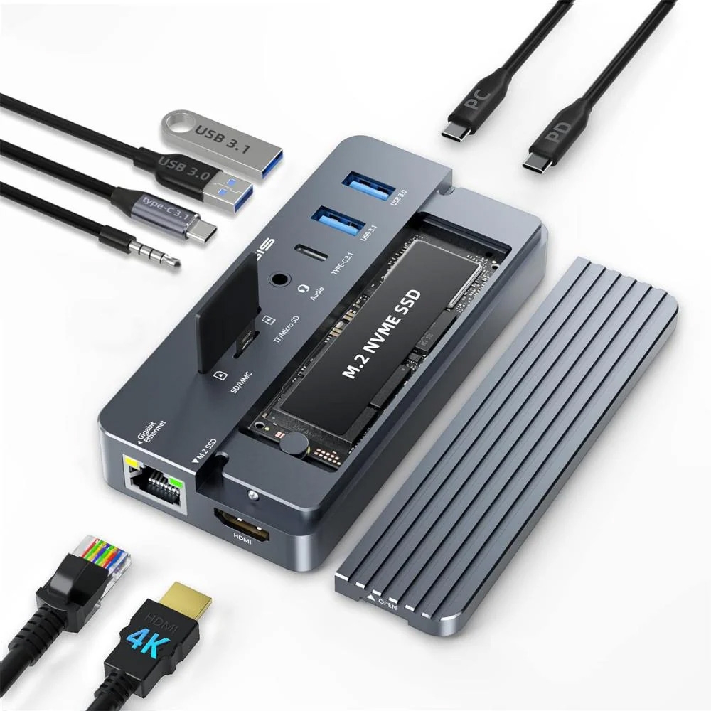 Box di động SSD M.2 NVMe 10Gbps 10 in 1 ra HDMI - USBtypeC - USB 3.1 - CarReader - LAN - Audio 3.5mm ACASIS CM073