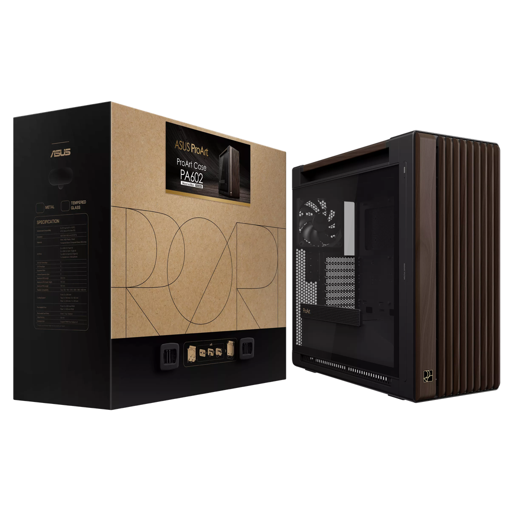 Case máy tính Asus ProArt PA602 Walnut Wood Edition Modern Black Tempered Glass