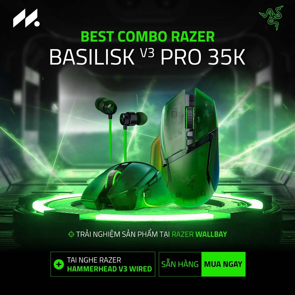 Chuột Gaming không dây Razer Basilisk V3 Pro 35K Phantom Green Edition RZ01-05240300-R3A1