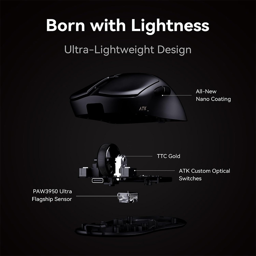 Chuột không dây ATK Blazing Sky U2 V2 Ultimate Plus Superlight Dual-mode Wireless Pixart 3955 Master
