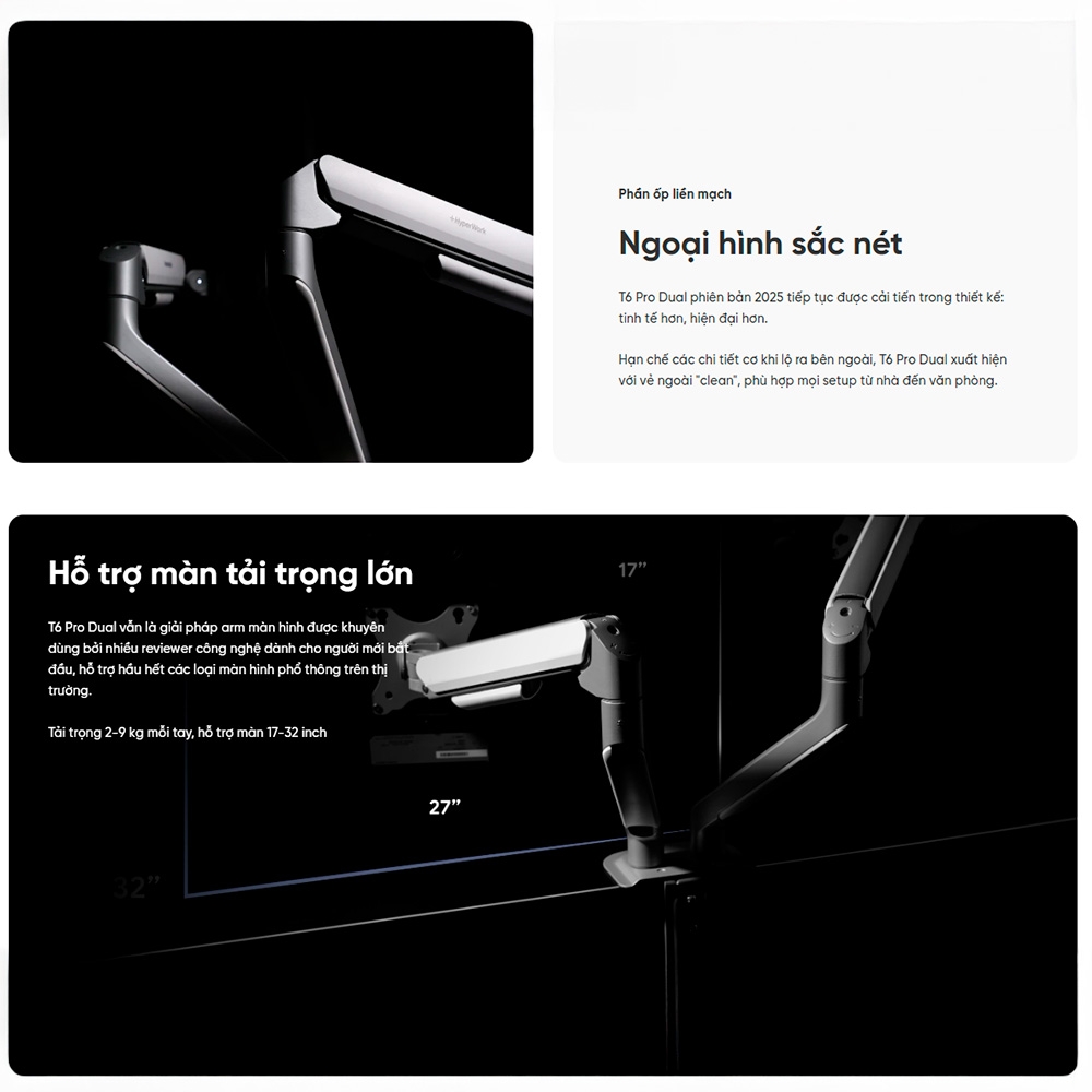 Giá đỡ 2 màn hình Hyperwork T6 Pro Dual 17-32 inch