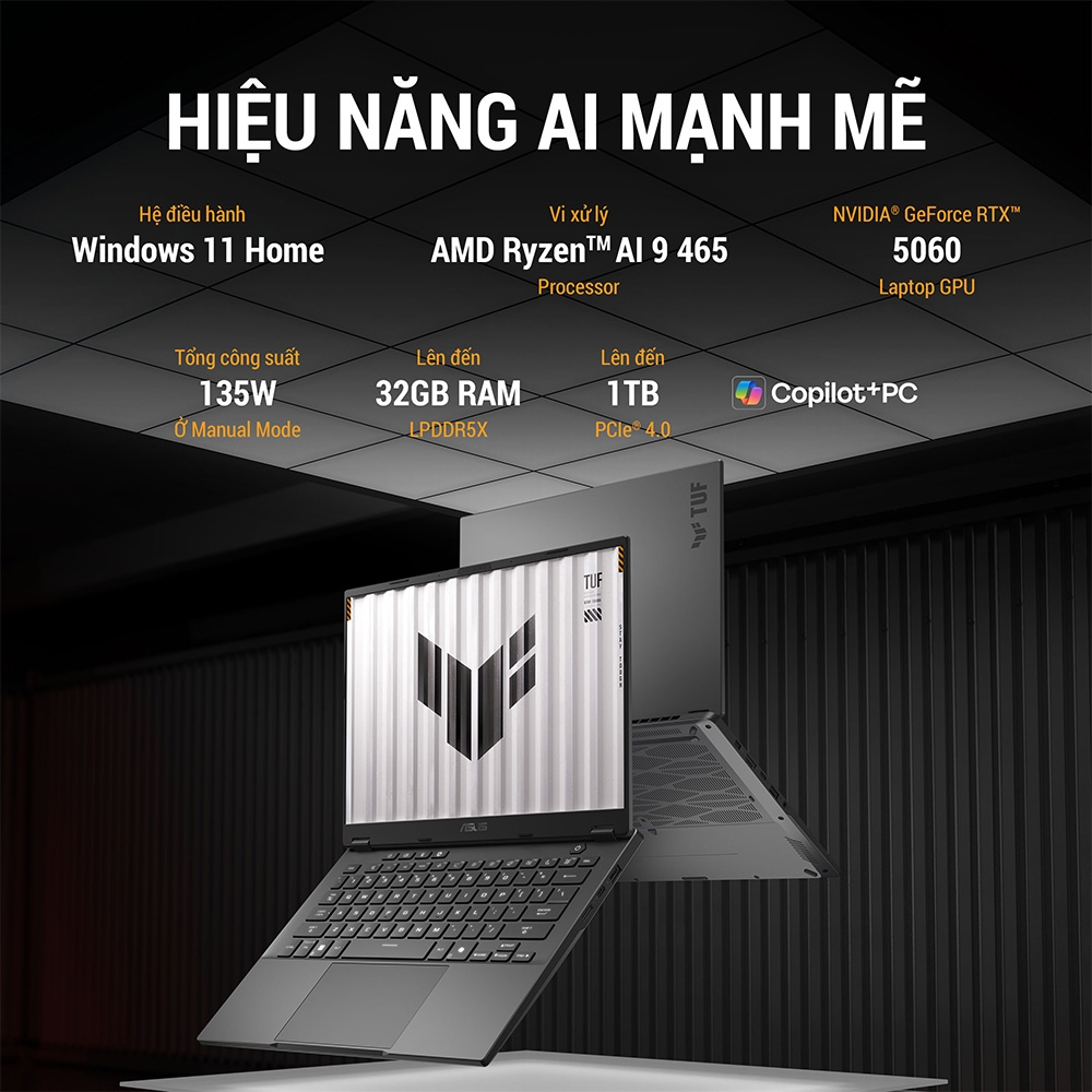 Laptop ASUS TUF Gaming A14 FA401GM-RG013W (Ryzen AI 9 465, RTX 5060 8GB, RAM 32GB LPDDR5X, SSD 1TB, 14 Inch IPS 2.5K 165Hz 100% sRGB, Win 11 Home)