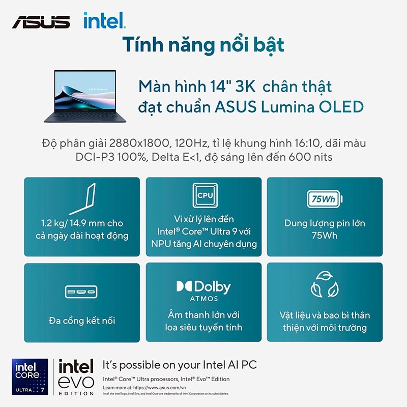Laptop ASUS Zenbook 14 UX3405CA-PZ188WS (Ultra 7 255H, Arc Graphics, Ram 32GB LPDDR5X, SSD 1TB, 14 Inch OLED 3K 120Hz 100% DCI-P3, Win11/OFFICE2024)