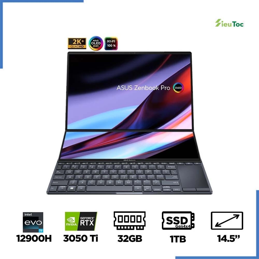 Laptop Asus Zenbook Pro 14 Duo OLED UX8402ZE-M3074W (i9-12900H EVO, RTX 3050 Ti 4GB, Ram 32GB DDR5, SSD 1TB, 14.5 Inch OLED 2.8K TouchScreen, Bút cảm ứng)