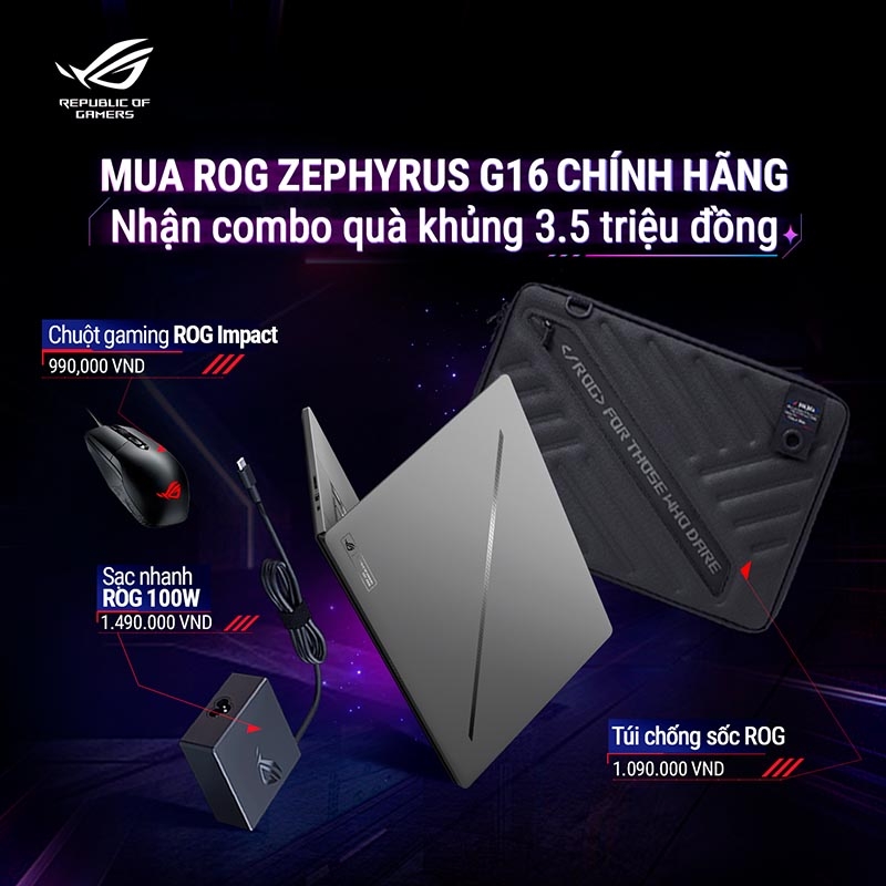 Laptop Gaming Asus ROG Zephyrus G16 GU605CX-QR083W (Ultra 9 285H, RTX 5090 24GB, RAM 64GB LPDDR5X, SSD 2TB, 16 Inch OLED 2.5K 240Hz 100% DCI-P3, Win 11)