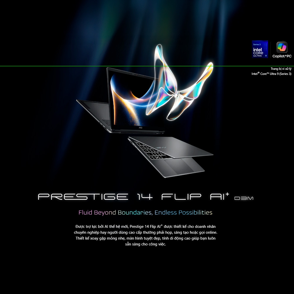 Laptop MSI Prestige 14 Flip AI+ D3MTG-021VN (Ultra 9 386H, Intel Arc Graphics, RAM 32GB LPDDR5x, SSD 1TB, 14 Inch OLED FHD+ 60Hz 100% DCI-P3, Win 11 Home)