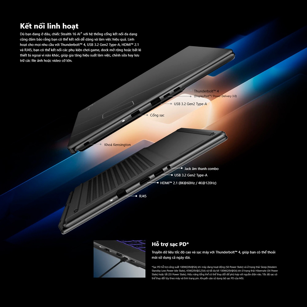 Laptop MSI Stealth 16 AI+ B3WG-008VN (Ultra 9 386H, RTX 5070 8GB, RAM 32GB, SSD 1TB, 16 Inch OLED QHD+ 240Hz 100% DCI-P3, Win 11 Home)