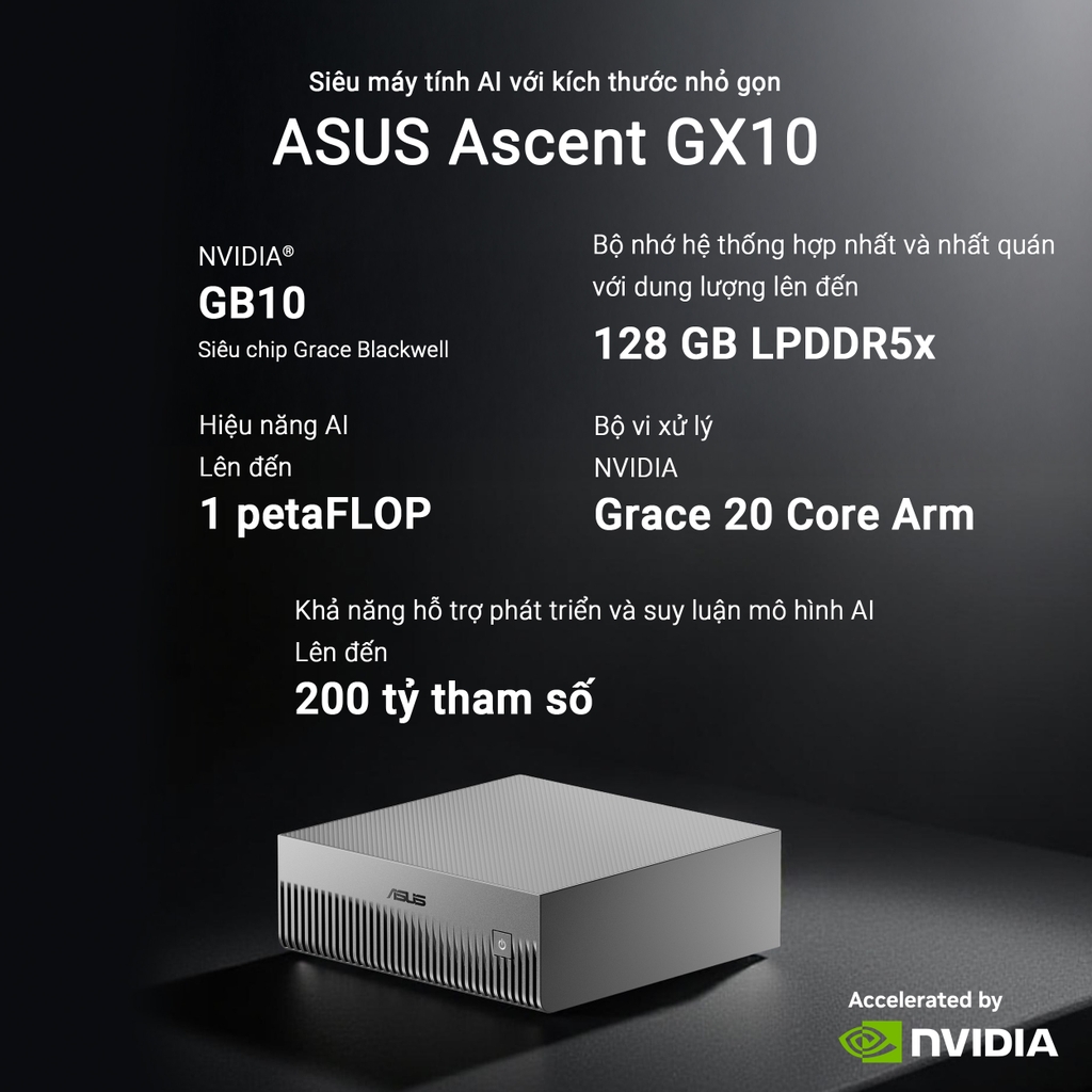 Máy tính Mini PC AI ASUS Ascent GX10 GX10-GG0012BN (GB10 ARM v9.2-A, GB10 Grace Blackwell Graphics)