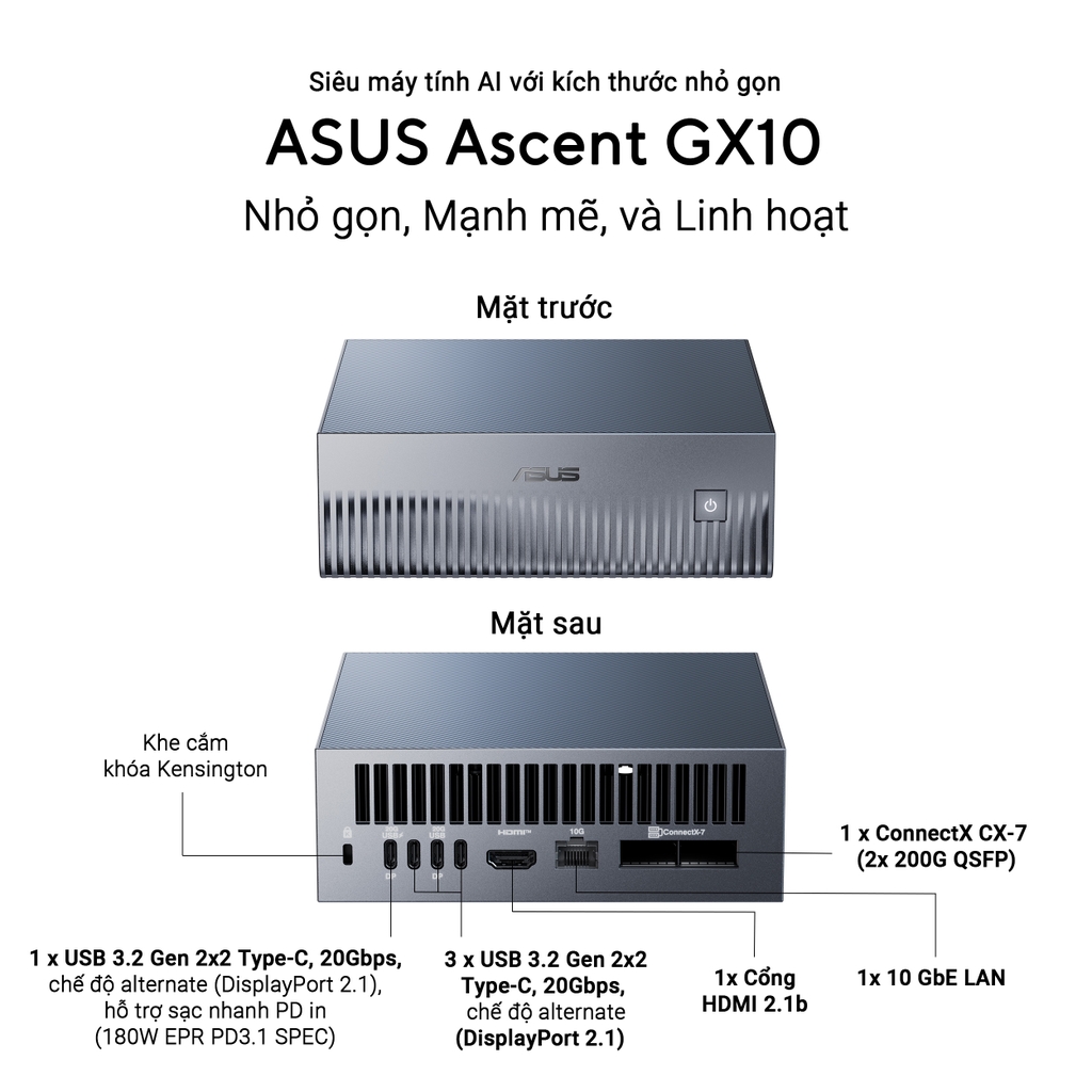 Máy tính Mini PC AI ASUS Ascent GX10 GX10-GG0012BN (GB10 ARM v9.2-A, GB10 Grace Blackwell Graphics)