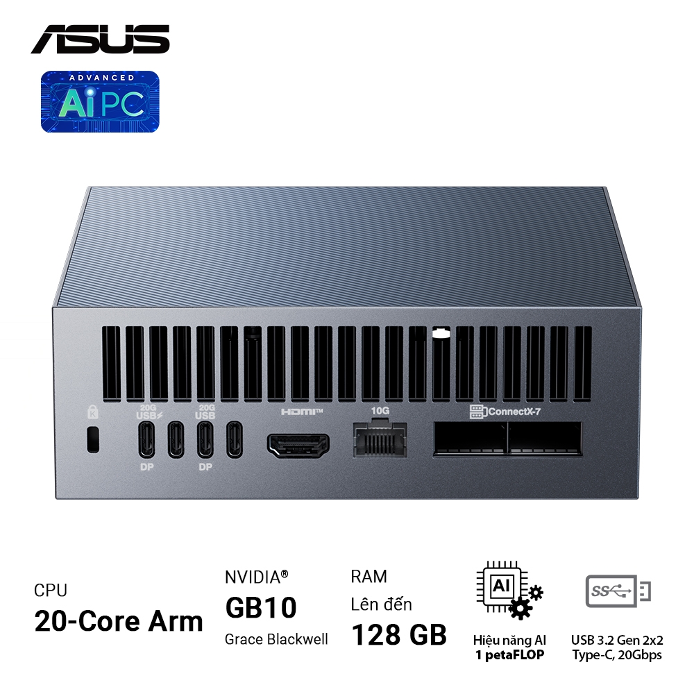 Máy tính Mini PC AI ASUS Ascent GX10 GX10-GG0012BN (GB10 ARM v9.2-A, GB10 Grace Blackwell Graphics)