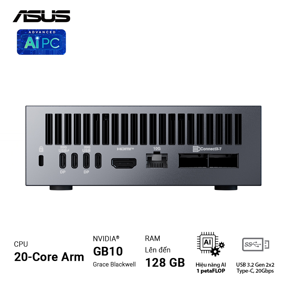Máy tính Mini PC AI ASUS Ascent GX10 GX10-GG0012BN (GB10 ARM v9.2-A, GB10 Grace Blackwell Graphics)