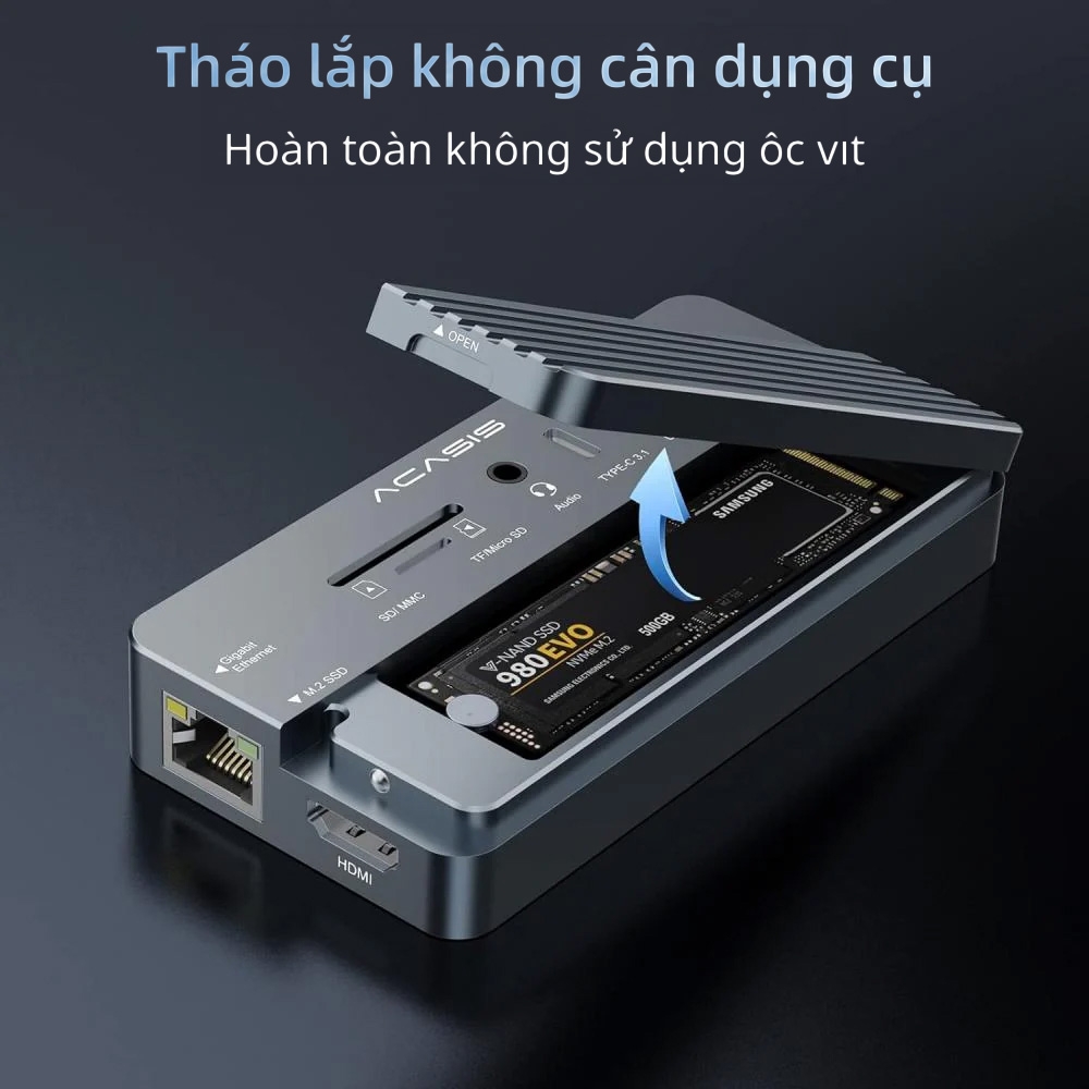 Box di động SSD M.2 NVMe 10Gbps 10 in 1 ra HDMI - USBtypeC - USB 3.1 - CarReader - LAN - Audio 3.5mm ACASIS CM073