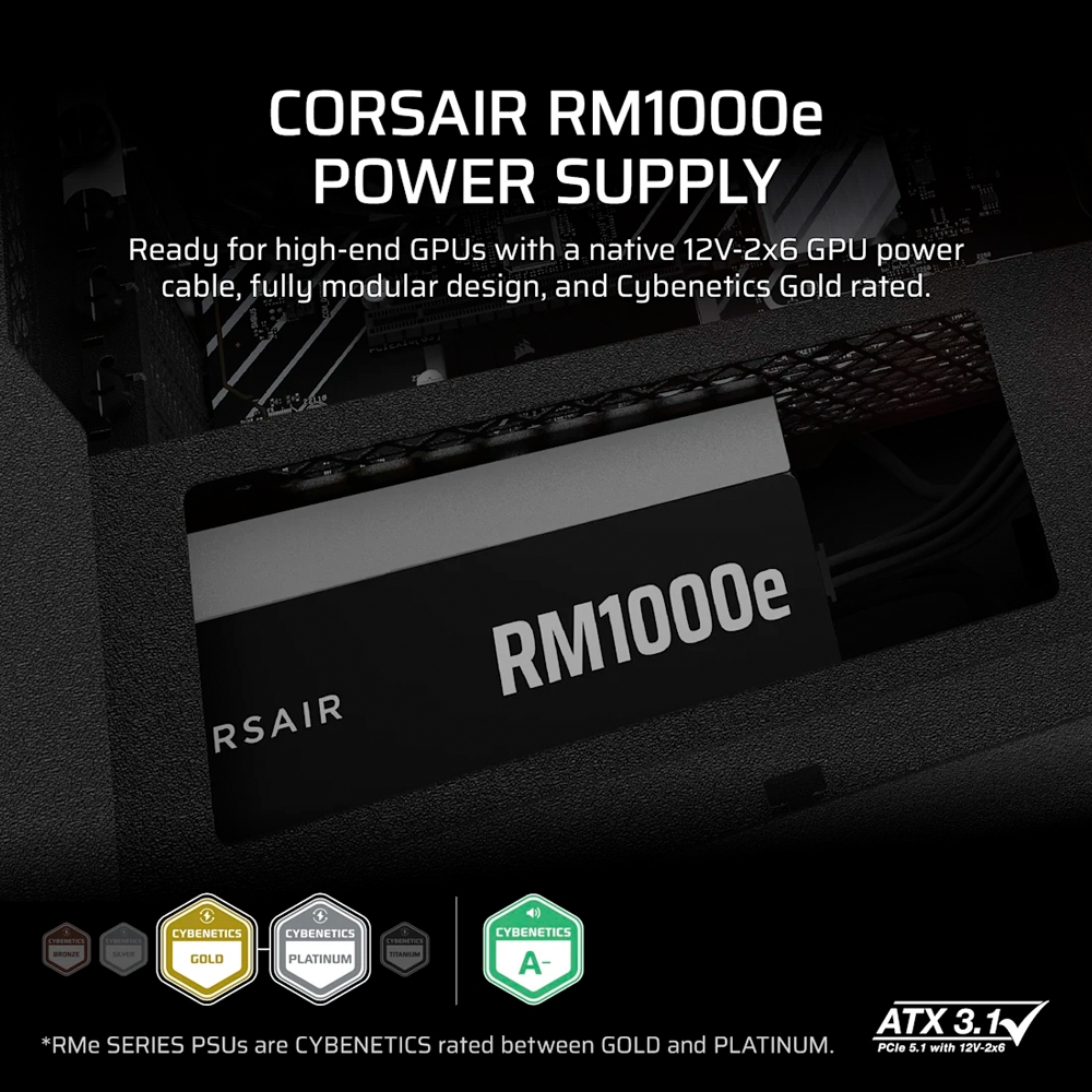 Nguồn máy tính Corsair RM1000e 1000W ATX 3.1 Cybenetics Gold CP-9020297-NA